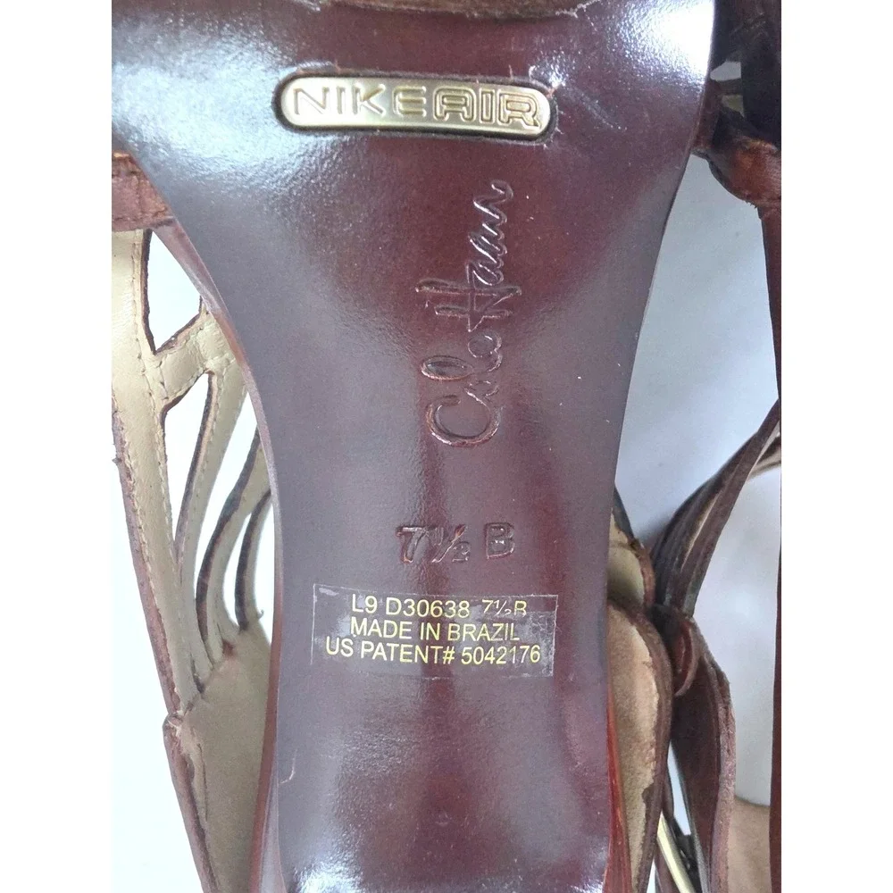 Cole Haan Verona N1ke Air T-strap Caged Heels 7.5 Brown Leather Wood Heel Buckle